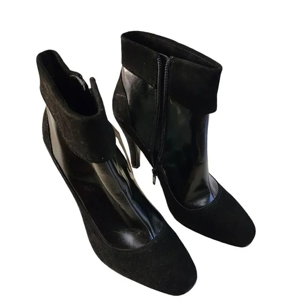 New Enzo Angiolini Women's Black Leather Suede Side Zip Booties Heel Size 8.5 M